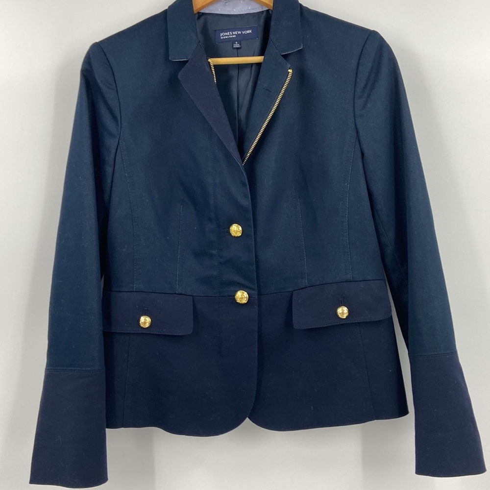 Jones New York blue zip front blazer gold tone button detail womens career